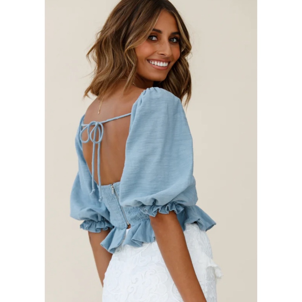 Selfie Leslie Light Blue Puff Sleeve Tie-Front Peplum Top - Picture 2 of 4